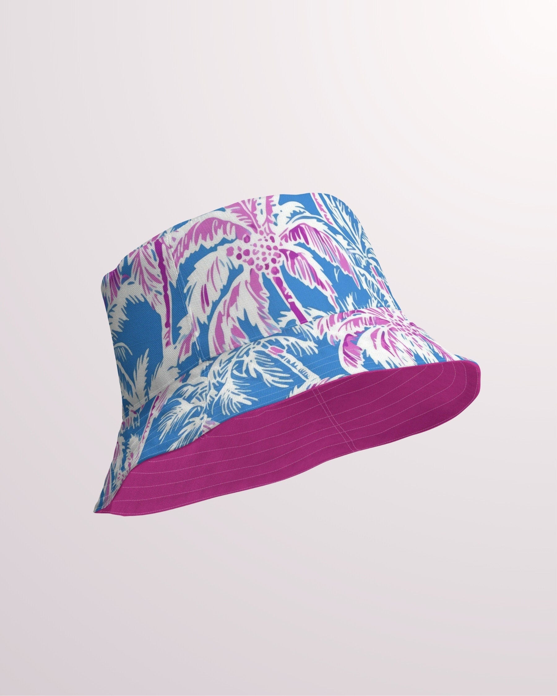 Tropical Print Reversible Bucket Hat - Unisex Hat with Sun Protection for Beach Pool Party Vacation Travel Cruise, Cute Palm Trees Pattern