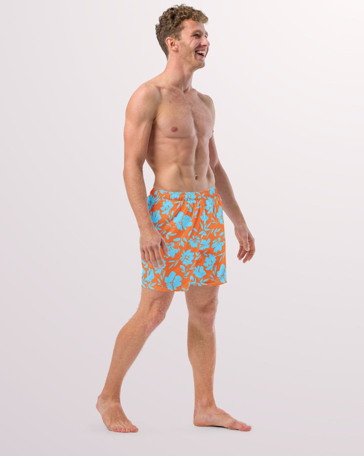 TROPICAL SWIM TRUNKS - Orange Blue Floral Mens Lined Swim Trunks with Pockets and Sun Protection For Beach Vacation Pool Party