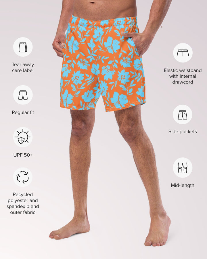 TROPICAL SWIM TRUNKS - Orange Blue Floral Mens Lined Swim Trunks with Pockets and Sun Protection For Beach Vacation Pool Party