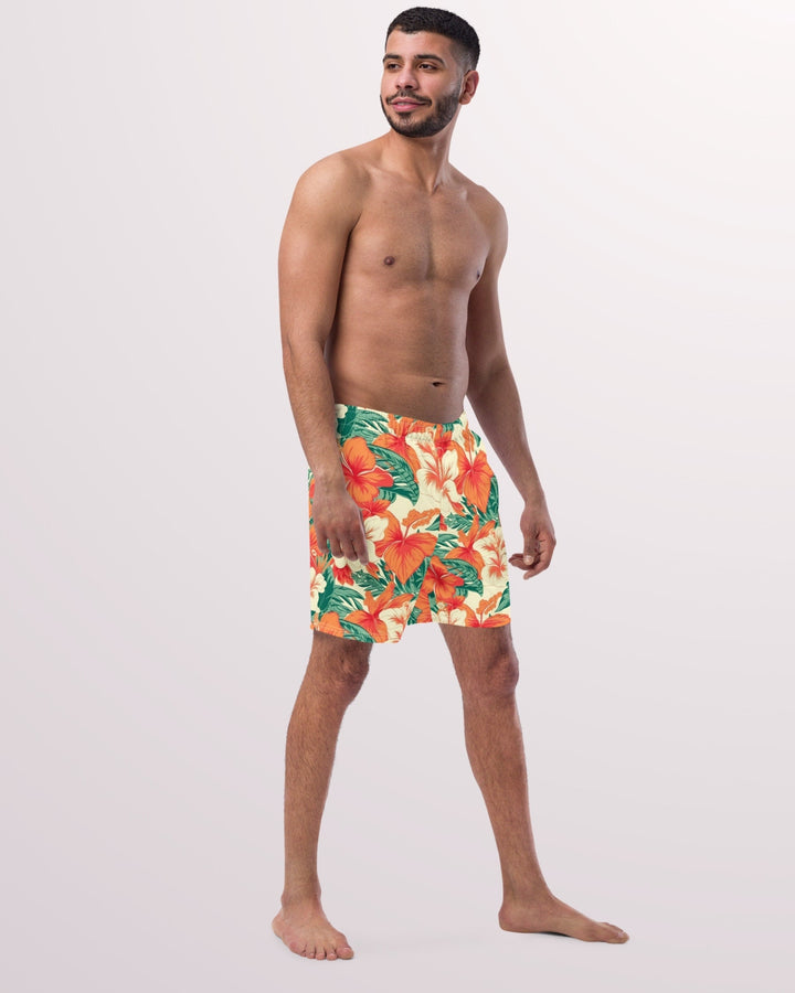 TROPICAL SWIM TRUNKS - Orange Hibiscus Hawaiian Floral Mens Lined Swim Trunks with Pockets Sun Protection For Beach Vacation Pool Party