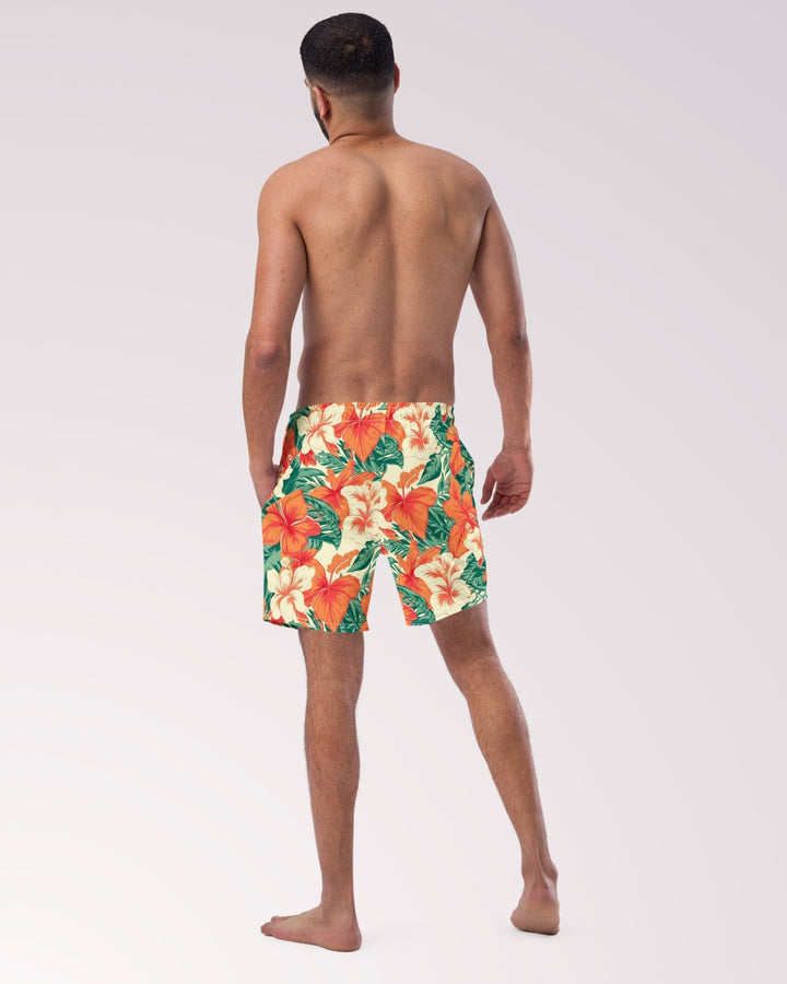 TROPICAL SWIM TRUNKS - Orange Hibiscus Hawaiian Floral Mens Lined Swim Trunks with Pockets Sun Protection For Beach Vacation Pool Party