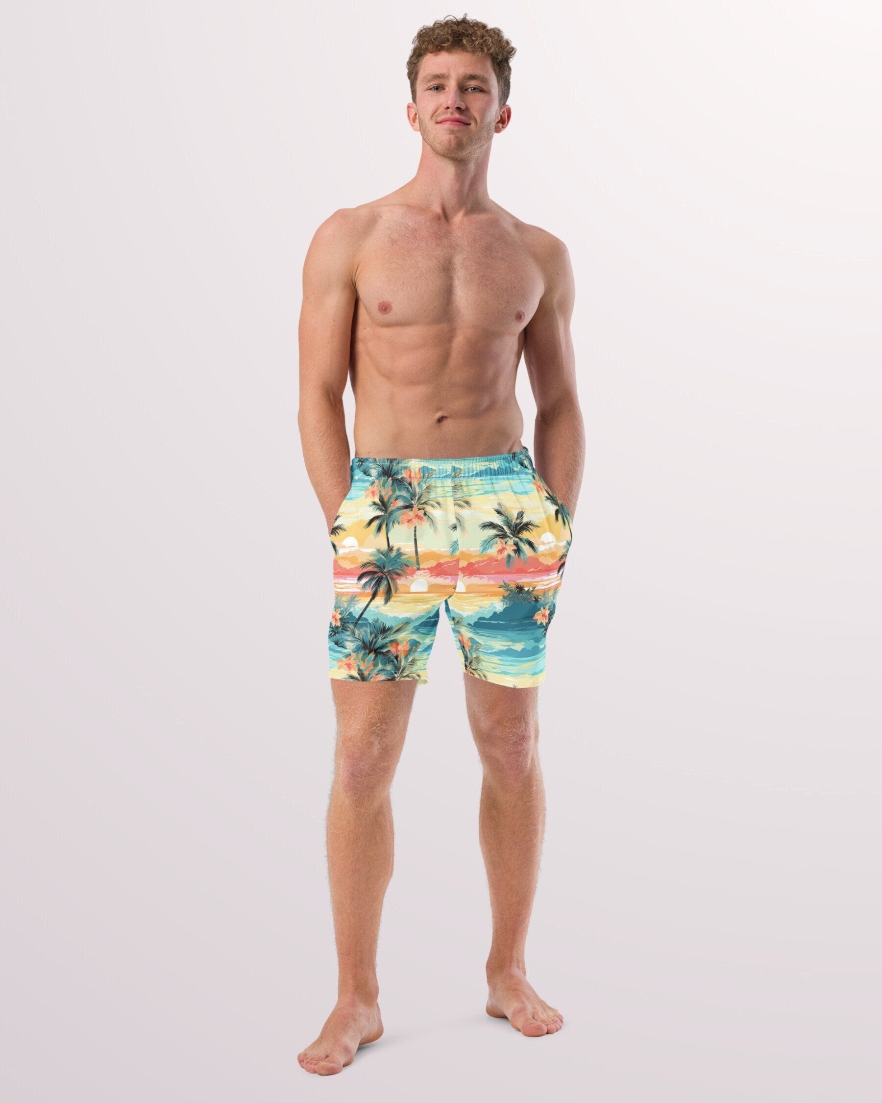 TROPICAL SWIM TRUNKS - Palm Trees Mens Lined Swim Trunks with Pockets and Sun Protection For Beach Vacation Pool Party