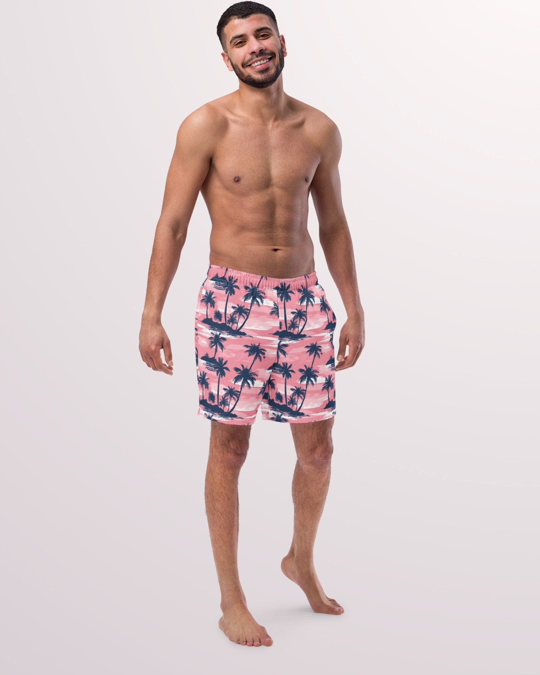 TROPICAL SWIM TRUNKS - Pink Palm Trees Mens Lined Swim Trunks with Pockets and Sun Protection For Beach Vacation Pool Party