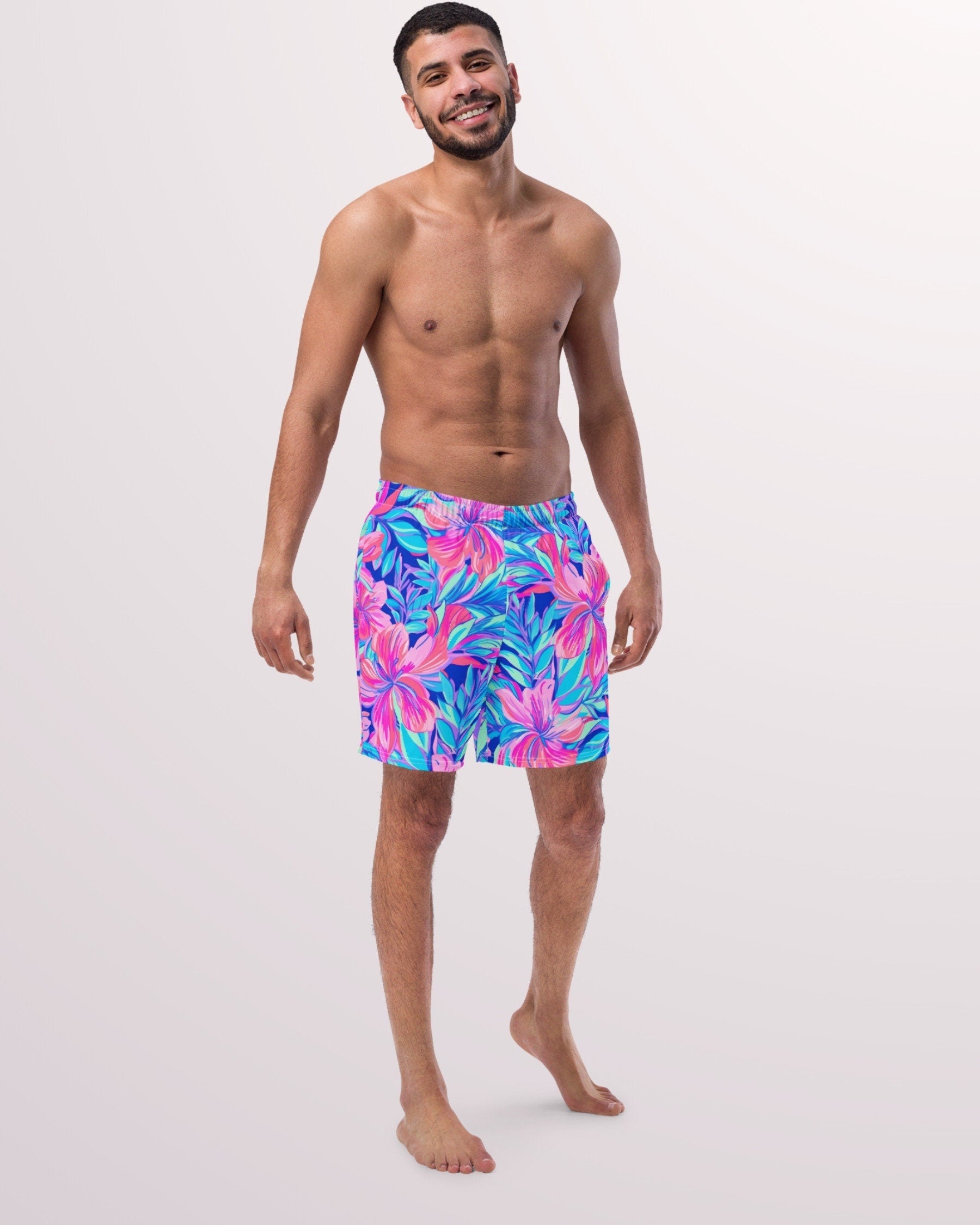 TROPICAL SWIM TRUNKS - Pink & Blue Floral Print Mens Lined Swim Trunks with Pockets and Sun Protection For Beach Vacation Pool Party