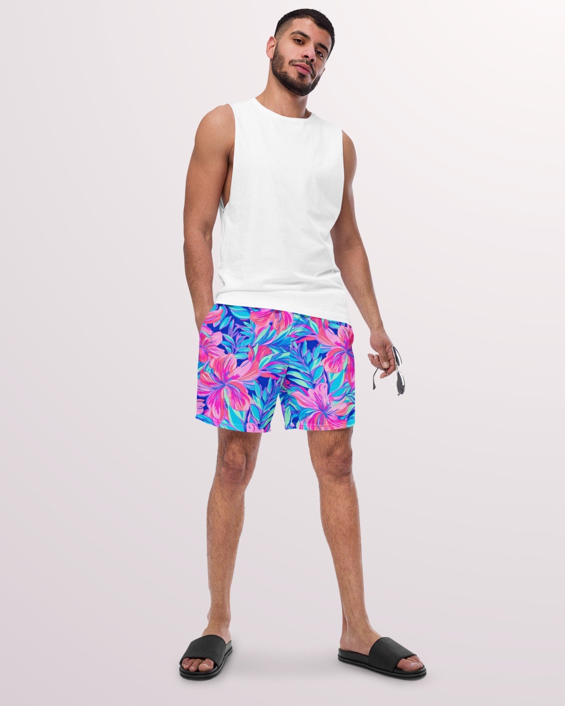 TROPICAL SWIM TRUNKS - Pink & Blue Floral Print Mens Lined Swim Trunks with Pockets and Sun Protection For Beach Vacation Pool Party