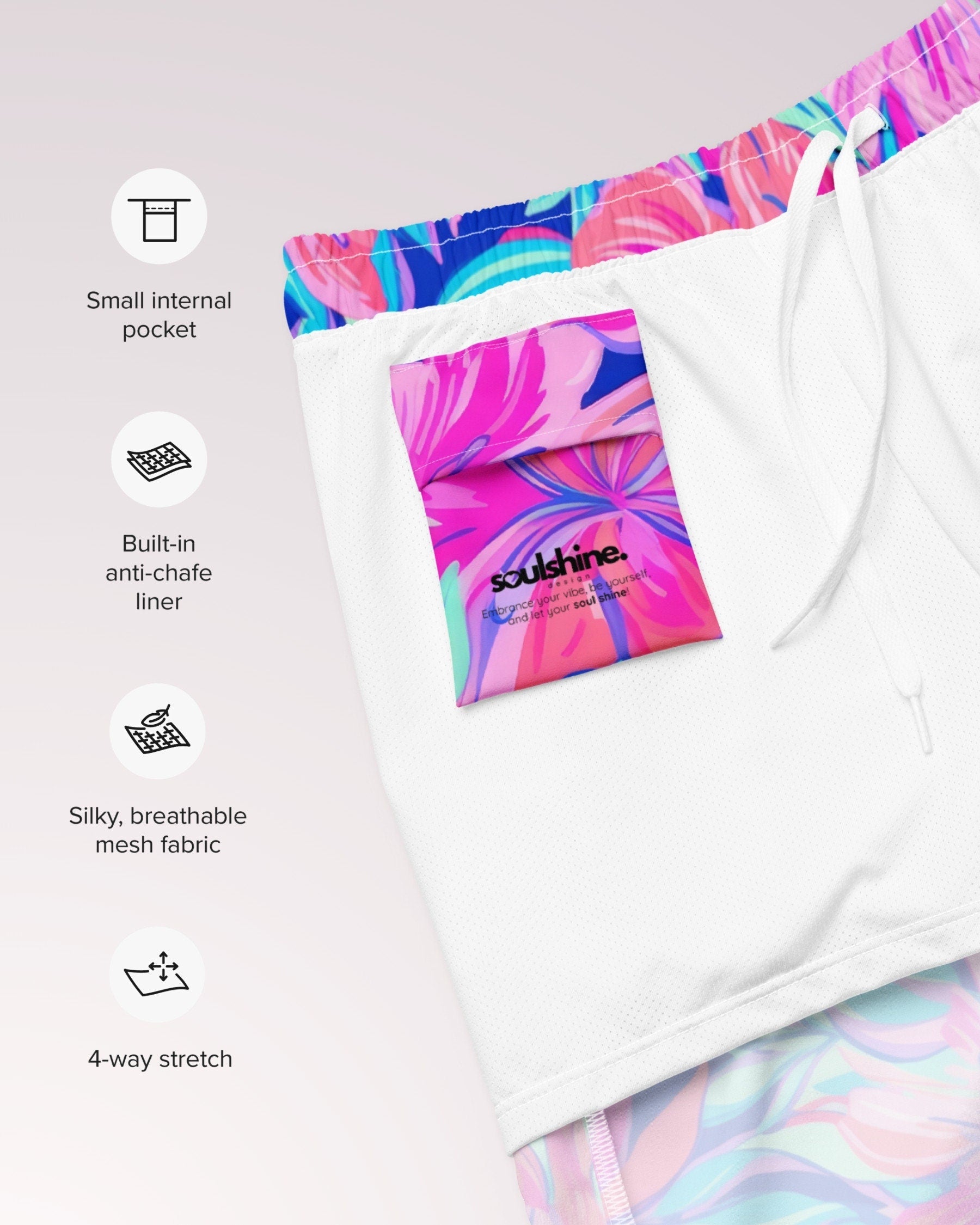 TROPICAL SWIM TRUNKS - Pink & Blue Floral Print Mens Lined Swim Trunks with Pockets and Sun Protection For Beach Vacation Pool Party