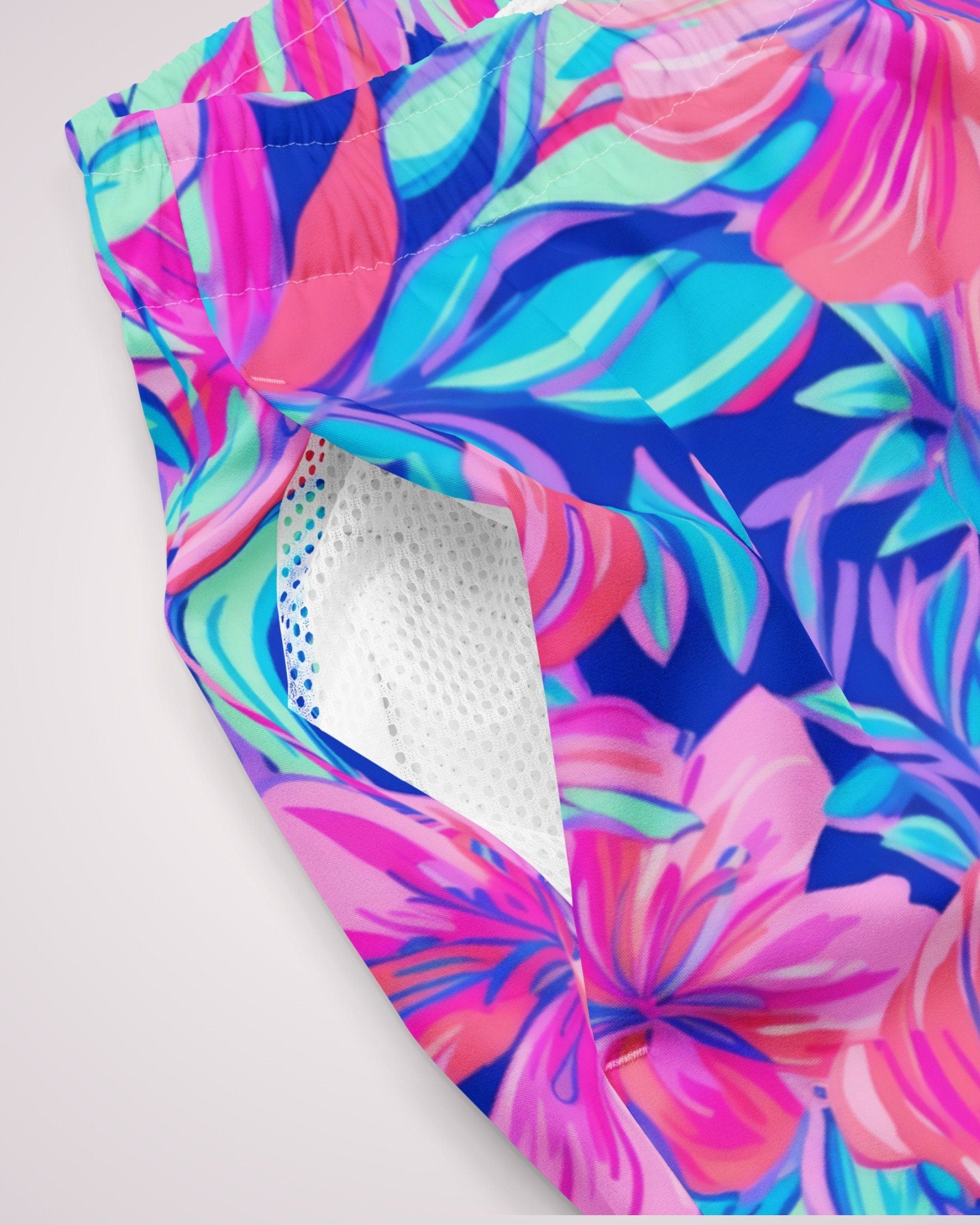 TROPICAL SWIM TRUNKS - Pink & Blue Floral Print Mens Lined Swim Trunks with Pockets and Sun Protection For Beach Vacation Pool Party