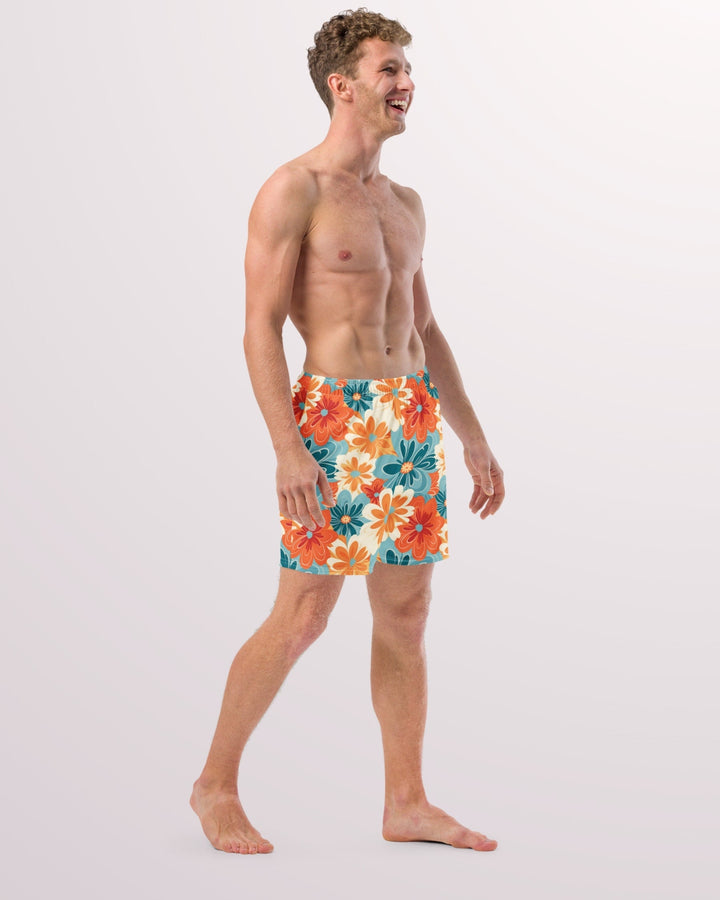 RETRO SWIM TRUNKS - Orange & Teal Floral Print Mens Lined Swim Trunks with Pockets and Sun Protection For Beach Vacation Pool Party