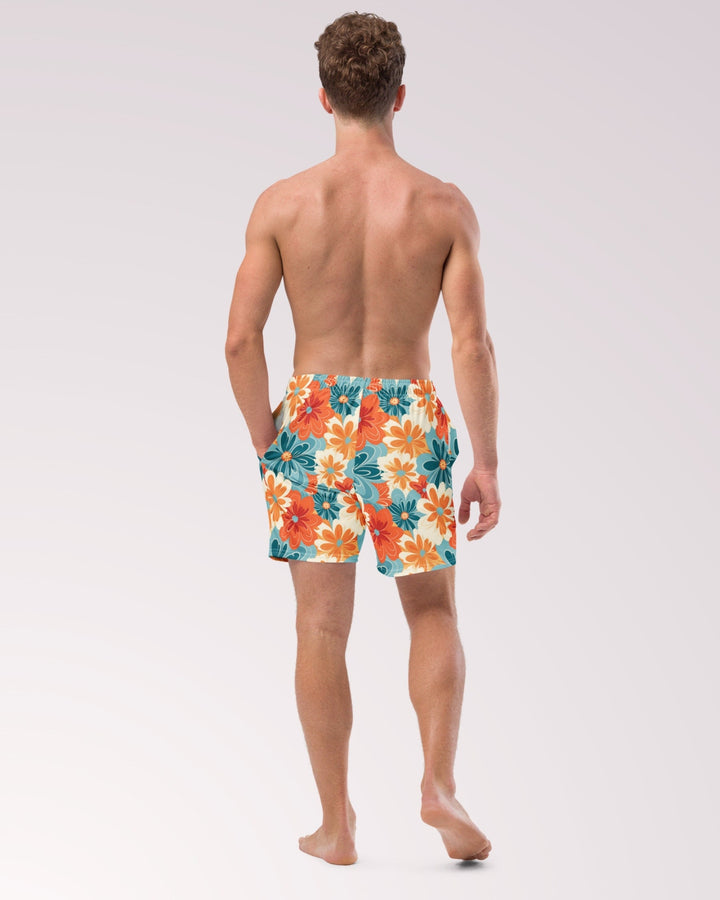 RETRO SWIM TRUNKS - Orange & Teal Floral Print Mens Lined Swim Trunks with Pockets and Sun Protection For Beach Vacation Pool Party