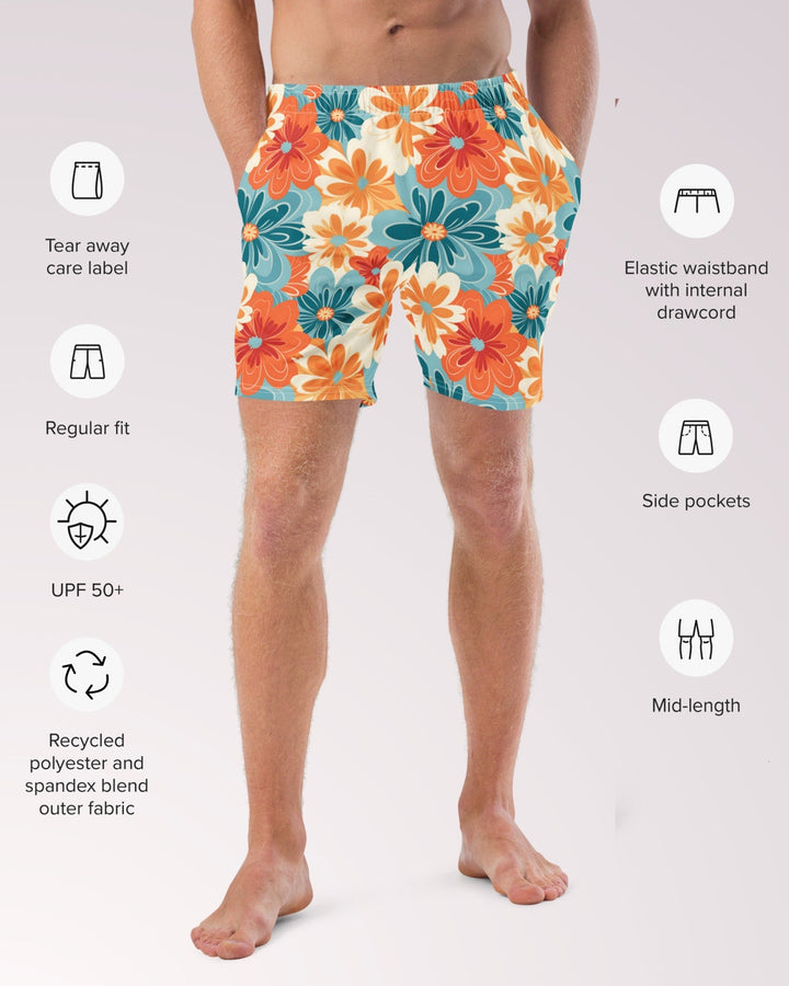 RETRO SWIM TRUNKS - Orange & Teal Floral Print Mens Lined Swim Trunks with Pockets and Sun Protection For Beach Vacation Pool Party