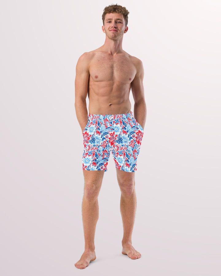 PATRIOTIC SWIM TRUNKS - Red White & Blue Floral Print Mens Lined Swim Trunks with Pockets and Sun Protection For Beach Vacation Pool Party