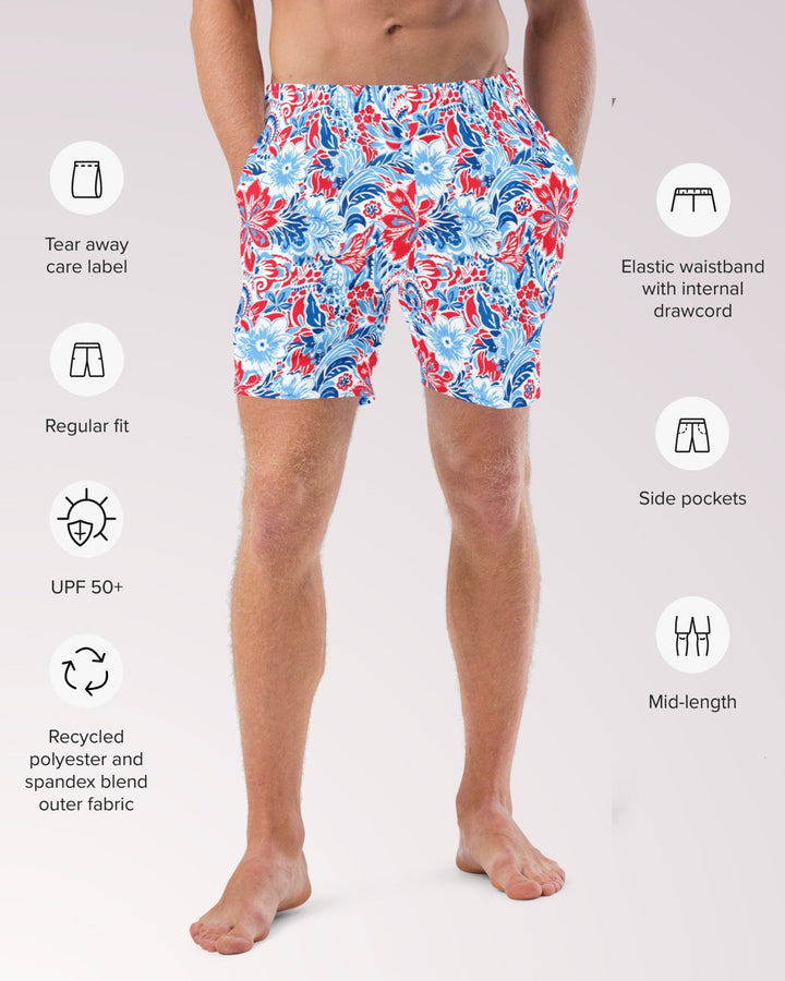 PATRIOTIC SWIM TRUNKS - Red White & Blue Floral Print Mens Lined Swim Trunks with Pockets and Sun Protection For Beach Vacation Pool Party