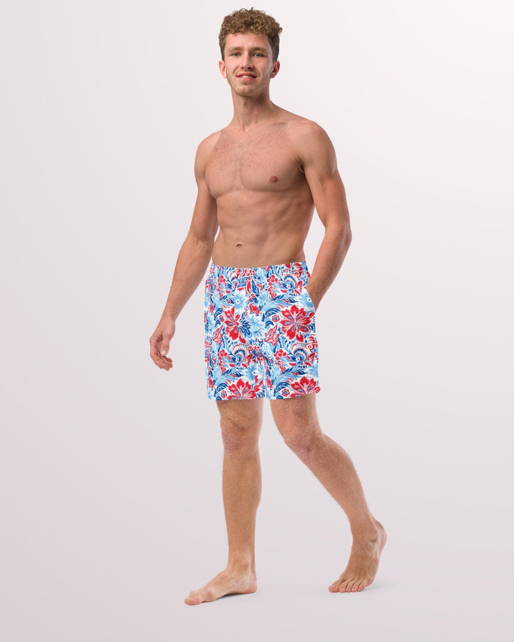 PATRIOTIC SWIM TRUNKS - Red White & Blue Floral Print Mens Lined Swim Trunks with Pockets and Sun Protection For Beach Vacation Pool Party