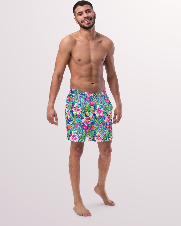 TROPICAL SWIM TRUNKS - Colorful Floral Print Mens Lined Swim Trunks with Pockets and Sun Protection For Beach Vacation Pool Party