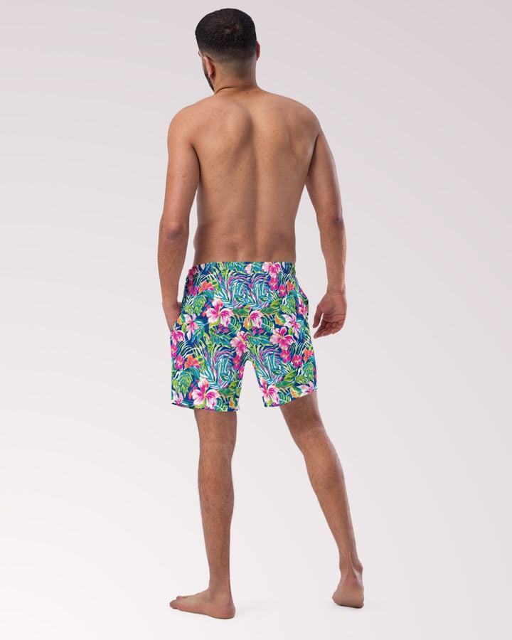 TROPICAL SWIM TRUNKS - Colorful Floral Print Mens Lined Swim Trunks with Pockets and Sun Protection For Beach Vacation Pool Party