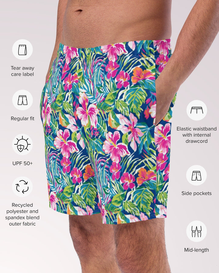 TROPICAL SWIM TRUNKS - Colorful Floral Print Mens Lined Swim Trunks with Pockets and Sun Protection For Beach Vacation Pool Party