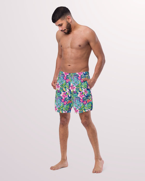 TROPICAL SWIM TRUNKS - Colorful Floral Print Mens Lined Swim Trunks with Pockets and Sun Protection For Beach Vacation Pool Party