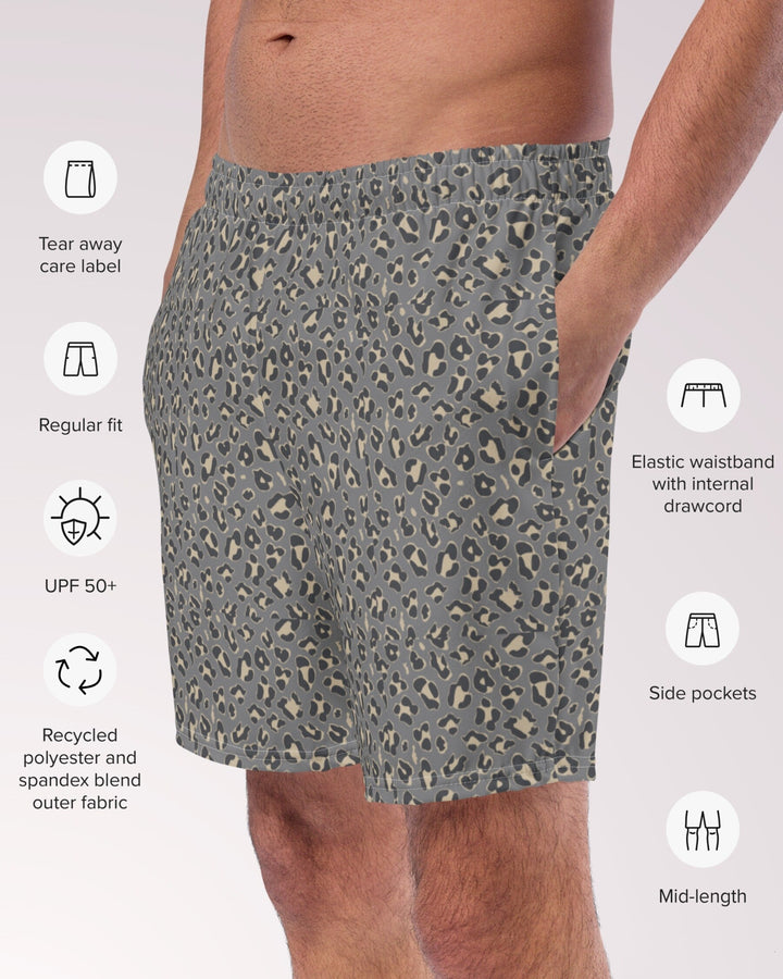 LEOPARD SWIM TRUNKS - Gray Animal Print Mens Lined Swim Trunks with Pockets and Sun Protection For Beach Vacation Pool Party