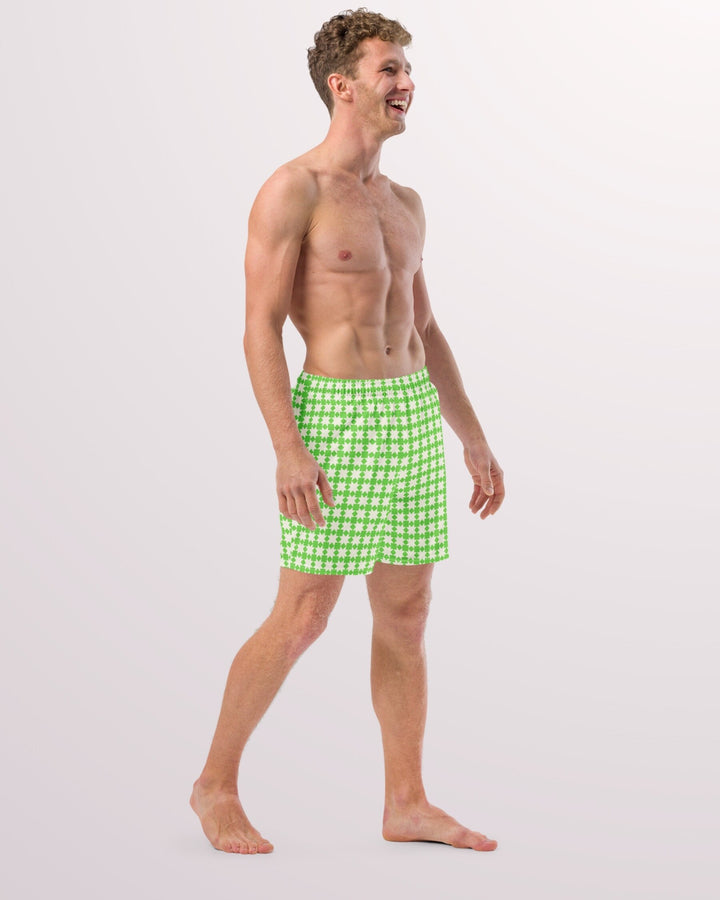 RETRO SWIM TRUNKS - Green & White Geometric Print Mens Lined Swim Trunks with Pockets and Sun Protection For Beach Vacation Pool Party