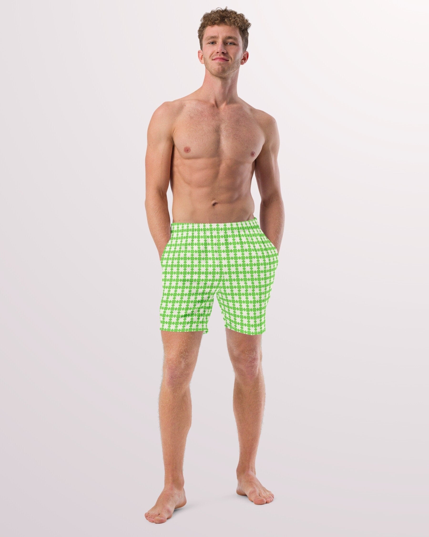 RETRO SWIM TRUNKS - Green & White Geometric Print Mens Lined Swim Trunks with Pockets and Sun Protection For Beach Vacation Pool Party