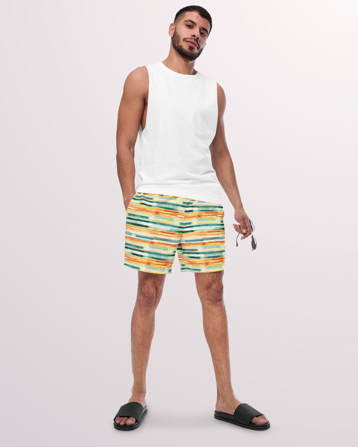 ABSTRACT SWIM TRUNKS - Yellow Multi Stripe Print Mens Lined Swim Trunks with Pockets and Sun Protection For Beach Vacation Pool Party