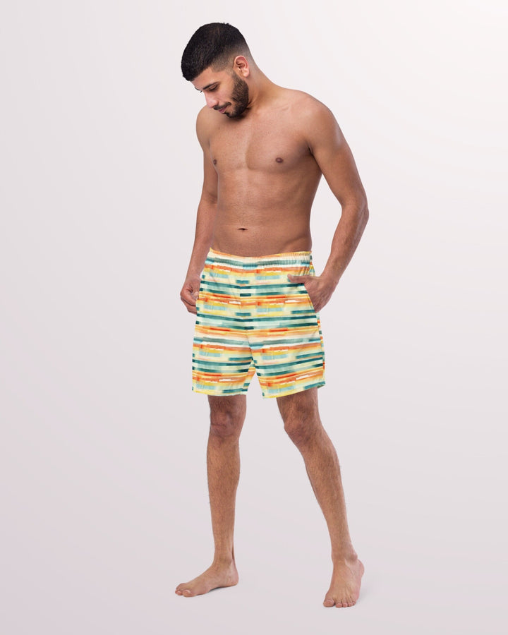 ABSTRACT SWIM TRUNKS - Yellow Multi Stripe Print Mens Lined Swim Trunks with Pockets and Sun Protection For Beach Vacation Pool Party