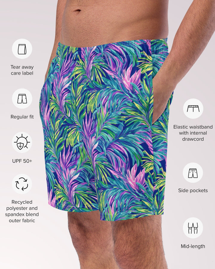 TROPICAL SWIM TRUNKS - Colorful Palm Leaves Print Mens Lined Swim Trunks with Pockets and Sun Protection For Beach Vacation Pool Party