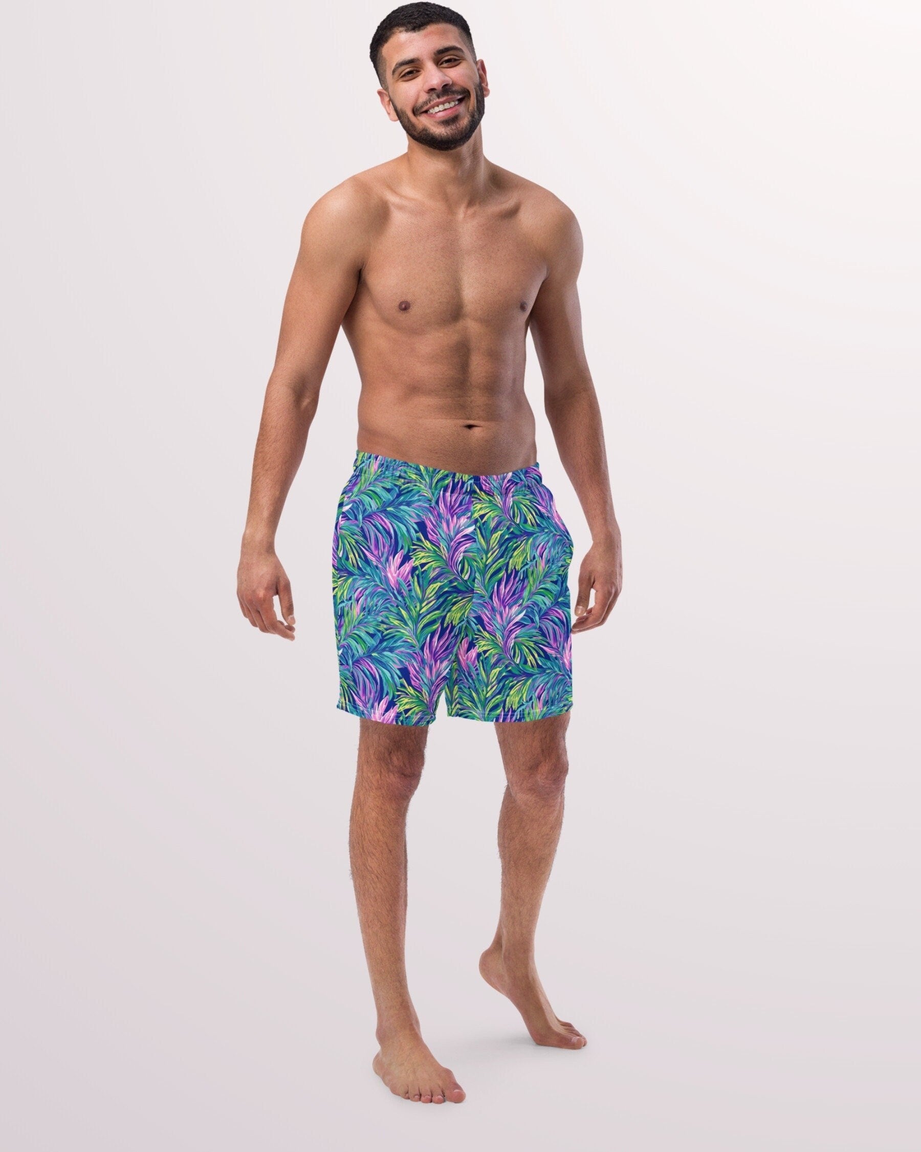 TROPICAL SWIM TRUNKS - Colorful Palm Leaves Print Mens Lined Swim Trunks with Pockets and Sun Protection For Beach Vacation Pool Party