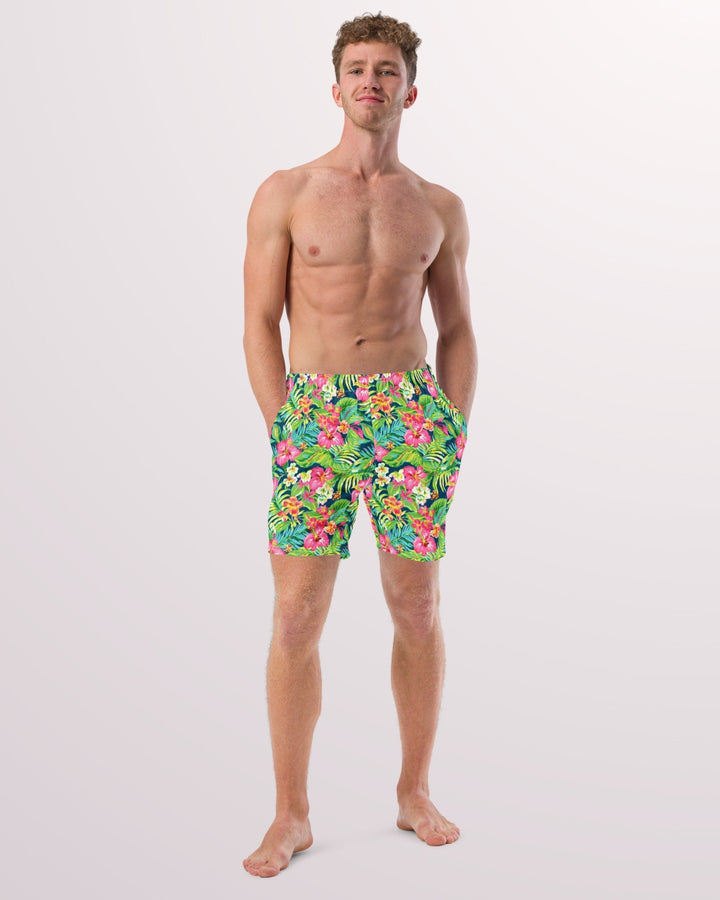 TROPICAL SWIM TRUNKS - Colorful Floral Print Mens Lined Swim Trunks with Pockets and Sun Protection For Beach Vacation Pool Party