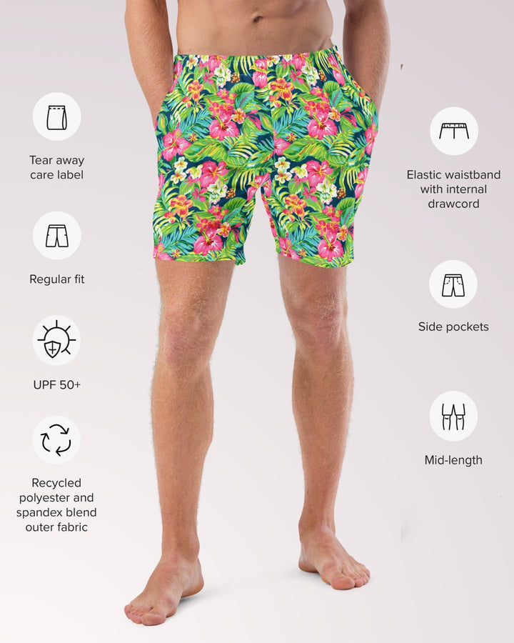 TROPICAL SWIM TRUNKS - Colorful Floral Print Mens Lined Swim Trunks with Pockets and Sun Protection For Beach Vacation Pool Party