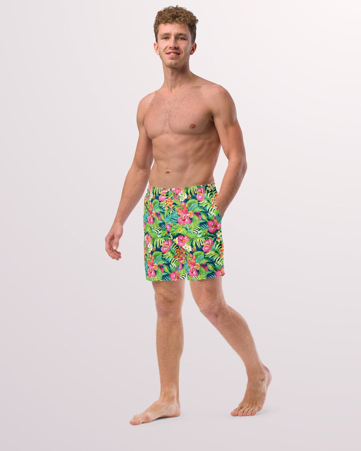 TROPICAL SWIM TRUNKS - Colorful Floral Print Mens Lined Swim Trunks with Pockets and Sun Protection For Beach Vacation Pool Party