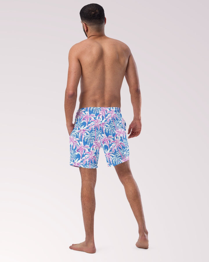 TROPICAL SWIM TRUNKS - Pink & Blue Palm Trees Mens Lined Swim Trunks with Pockets and Sun Protection For Beach Vacation Pool Party