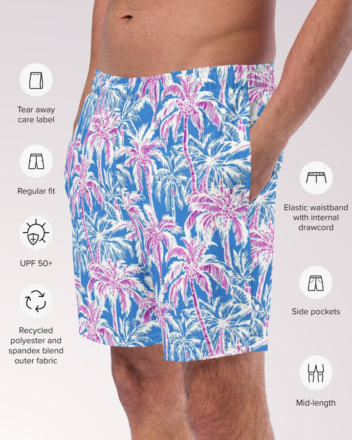 TROPICAL SWIM TRUNKS - Pink & Blue Palm Trees Mens Lined Swim Trunks with Pockets and Sun Protection For Beach Vacation Pool Party