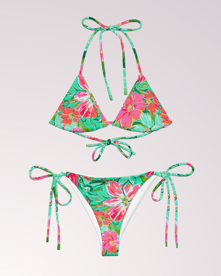 FLORAL BIKINI - Teal & Pink Flower Print Classic String Bikini Set Womens Swimwear with Sun Protection For Beach Vacation Pool Party