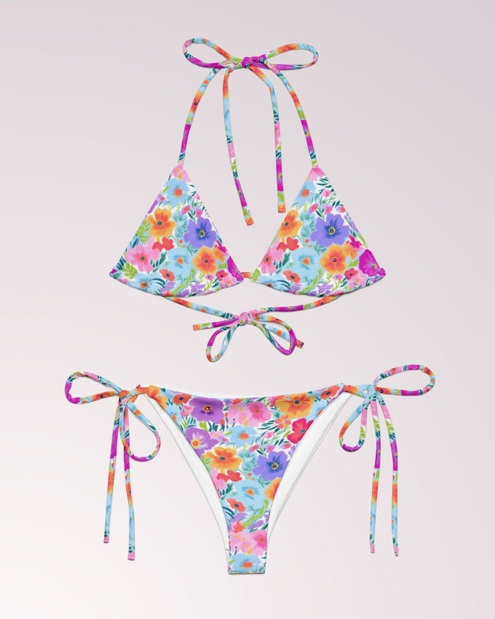 BOHO FLORAL BIKINI - Colorful Flower Classic String Bikini Set Womens Swimwear with Sun Protection For Beach Vacation Pool Party