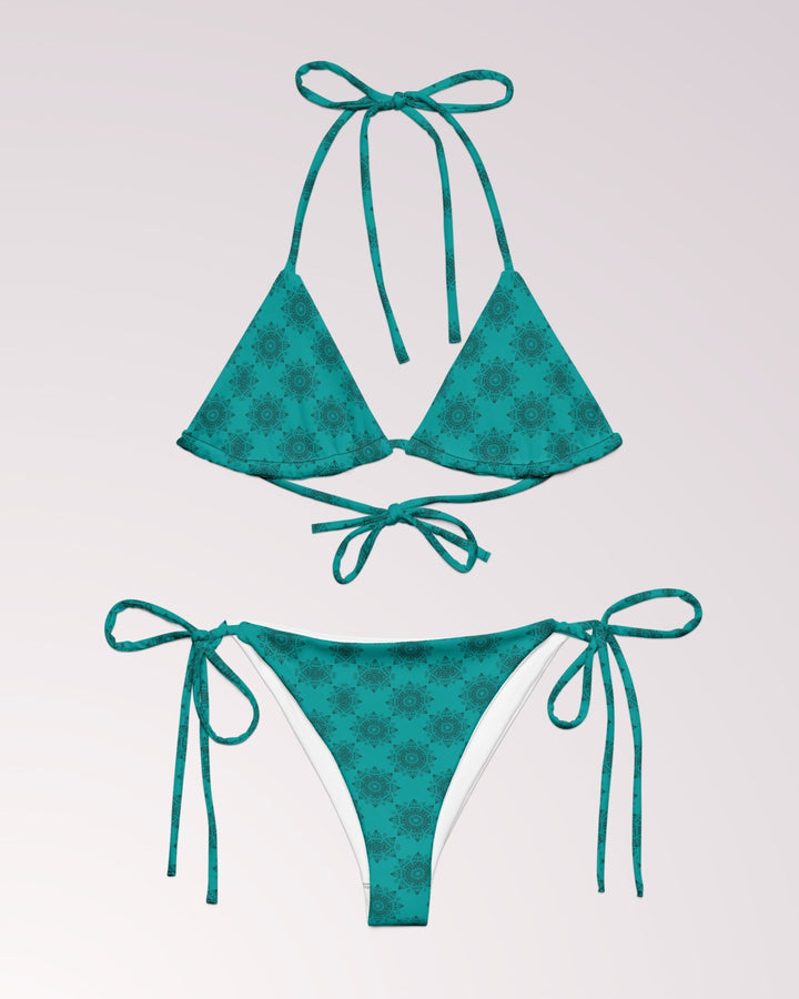 BOHO TRIBAL BIKINI - Teal Green Boho Classic String Bikini Set Womens Swimwear with Sun Protection For Beach Vacation Pool Party