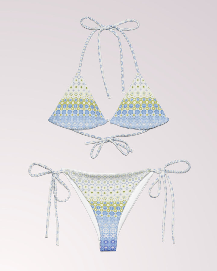 BOHO TRIBAL BIKINI - Soft Blue Green Boho Classic String Bikini Set Womens Swimwear with Sun Protection For Beach Vacation Pool Party