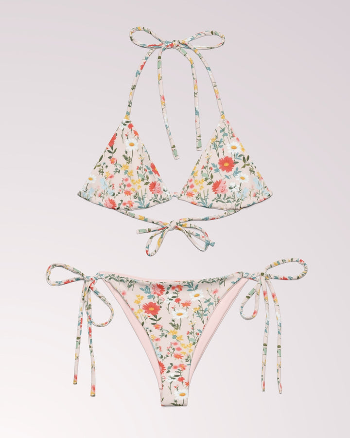 CUTE FLORAL BIKINI - Light Pink Flower Classic String Bikini Set Womens Swimwear with Sun Protection For Beach Vacation Pool Party