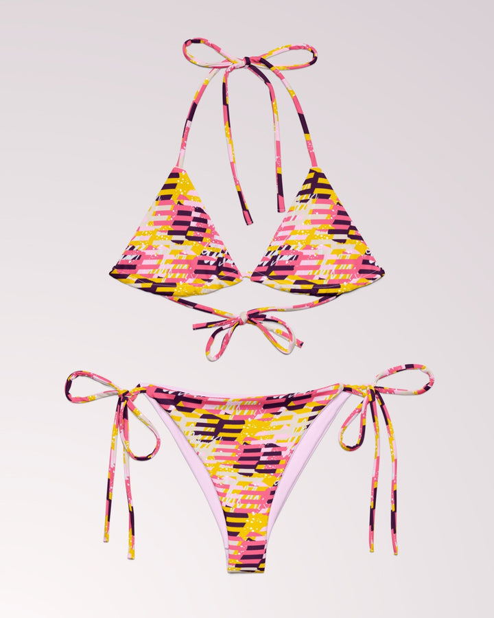 ABSTRACT PRINT BIKINI - Pink & Yellow Print Classic String Bikini Set Womens Swimwear with Sun Protection For Beach Vacation Pool Party