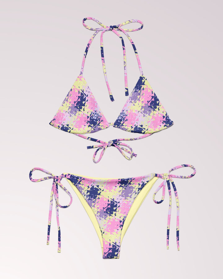 ABSTRACT PRINT BIKINI - Purple Pink Yellow Print Classic String Bikini Set Womens Swimwear with Sun Protection For Beach Vacation Pool Party