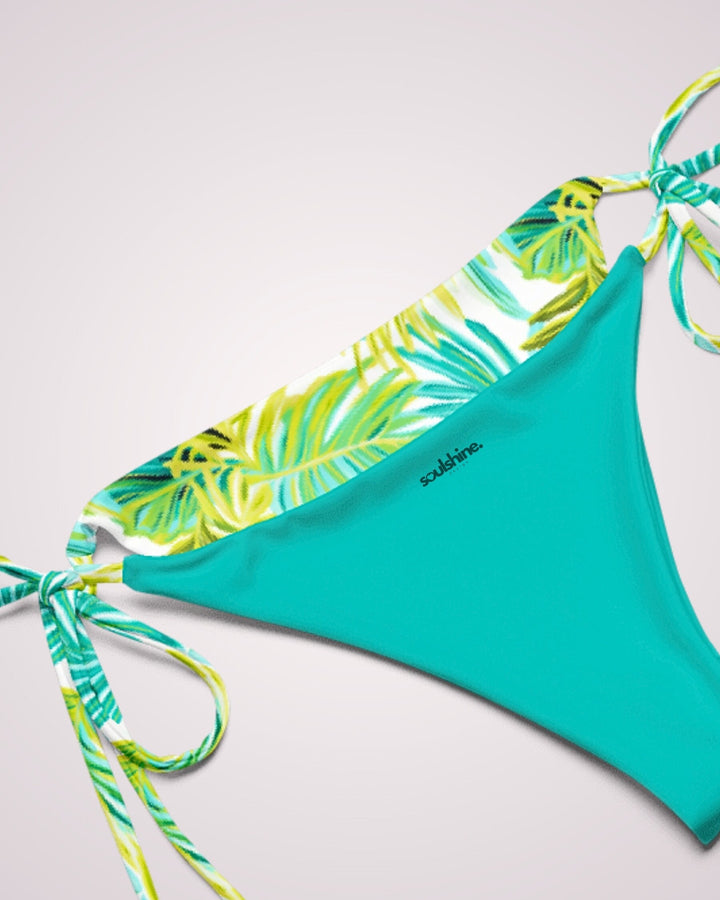 TROPICAL LEAVES BIKINI - Teal Green Floral Print Classic String Bikini Set Womens Swimwear with Sun Protection For Beach Vacation Pool Party