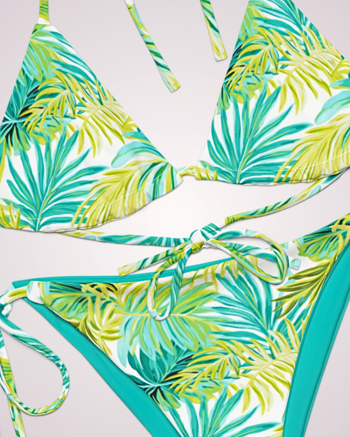 TROPICAL LEAVES BIKINI - Teal Green Floral Print Classic String Bikini Set Womens Swimwear with Sun Protection For Beach Vacation Pool Party