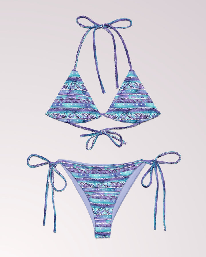 BOHO TRIBAL BIKINI - Blue & Purple Boho Print Classic String Bikini Set Womens Swimwear with Sun Protection For Beach Vacation Pool Party