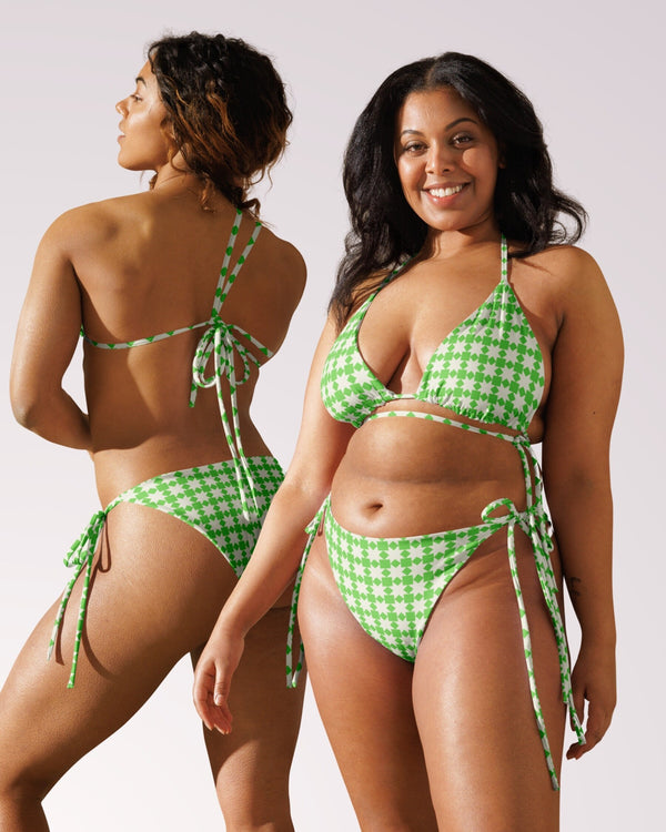 RETRO PATTERN BIKINI - Green Geometric Classic String Bikini Set Womens Swimwear with Sun Protection For Beach Vacation Pool Party