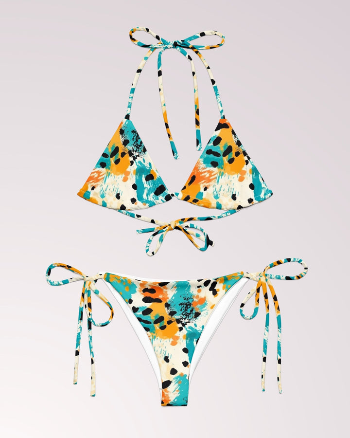 ANIMAL BIKINI - Teal Yellow Leopard Classic String Bikini Set Womens Swimwear with Sun Protection For Beach Vacation Pool Party