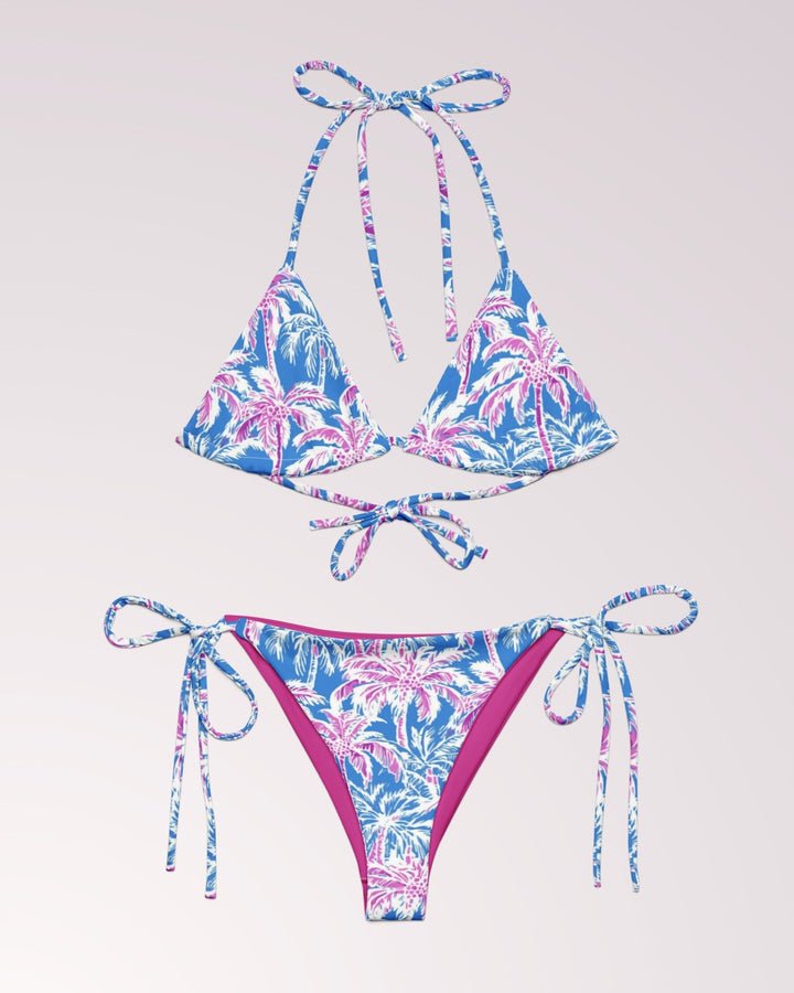 TROPICAL FLORAL BIKINI - Blue & Pink Palm Trees Print String Bikini Set Womens Swimwear with Sun Protection For Beach Vacation Pool Party