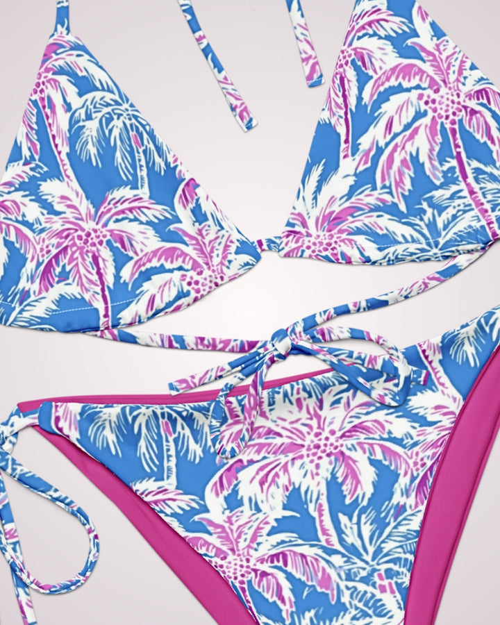 TROPICAL FLORAL BIKINI - Blue & Pink Palm Trees Print String Bikini Set Womens Swimwear with Sun Protection For Beach Vacation Pool Party