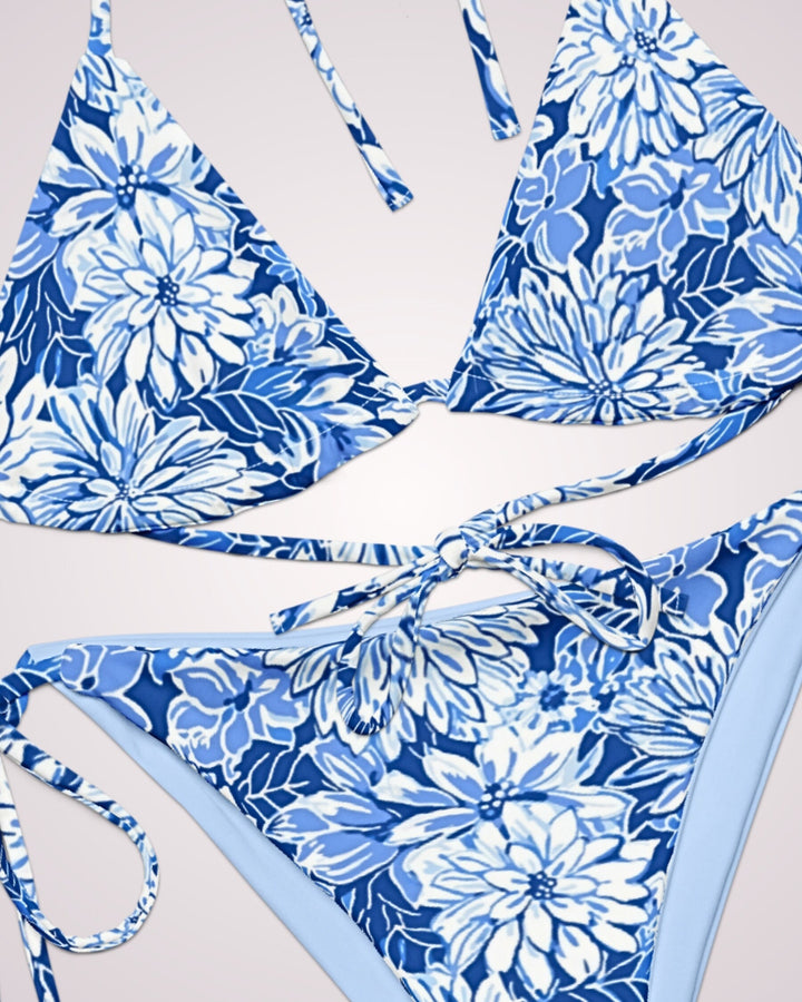 TROPICAL FLORAL BIKINI - Blue White Flower Classic String Bikini Set Womens Swimwear with Sun Protection For Beach Vacation Pool Party