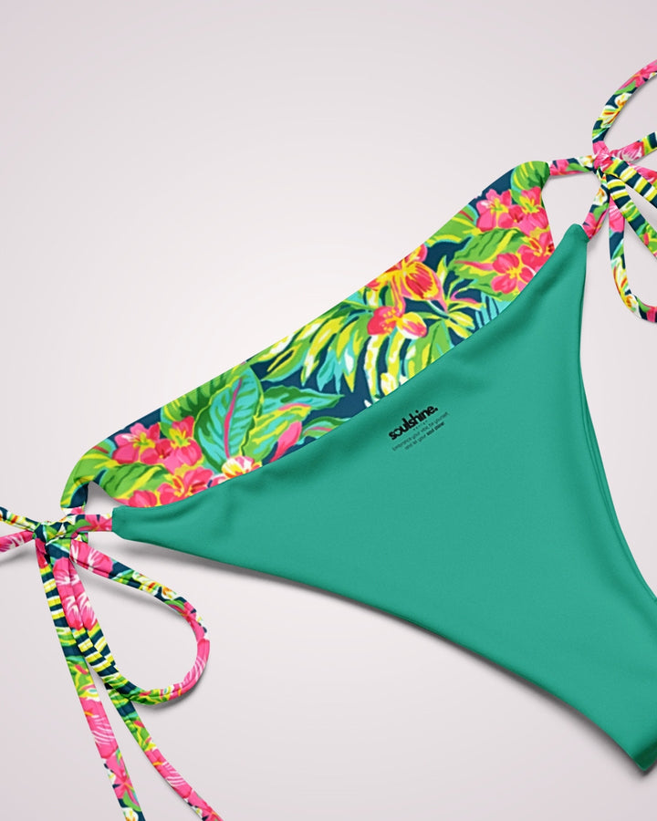 TROPICAL FLORAL BIKINI - Green Pink Flower Print Classic String Bikini Set Womens Swimwear with Sun Protection For Beach Vacation Pool Party