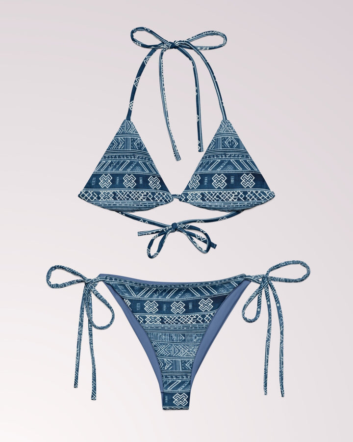 FAUX DENIM BIKINI - Blue Denim Print Classic String Bikini Set Womens Swimwear with Sun Protection For Beach Vacation Pool Party